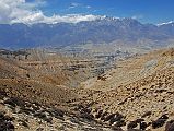 Mustang 02 04 Kali Gandaki Valley From Trail Between Tange And Tetang The trail contours from the ACAP shelter and climbs around various bluffs reaching an altitude of 4110m. The Kali Gandaki River is hidden between the hills on the eastern and western sides of the valley on the trek from Tange to Tetang.